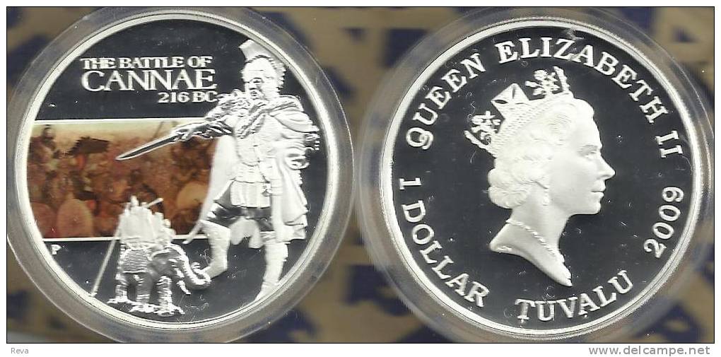 TUVALU $1 BATTLE OF CANNAE  HANNIBAL COLOURED FRONT QEII BACK 2009 SILVER PROOF READ DESCRIPTION CAREFULLY !!! - Tuvalu