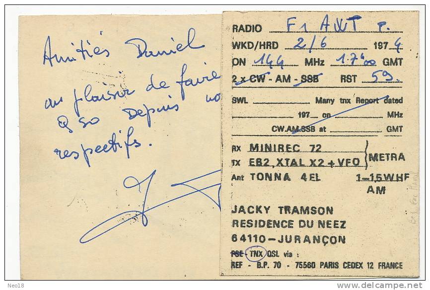 Jurançon Carte QSL Radio Amateur Comique Avion Dessin Jacky Tramson - Jurancon