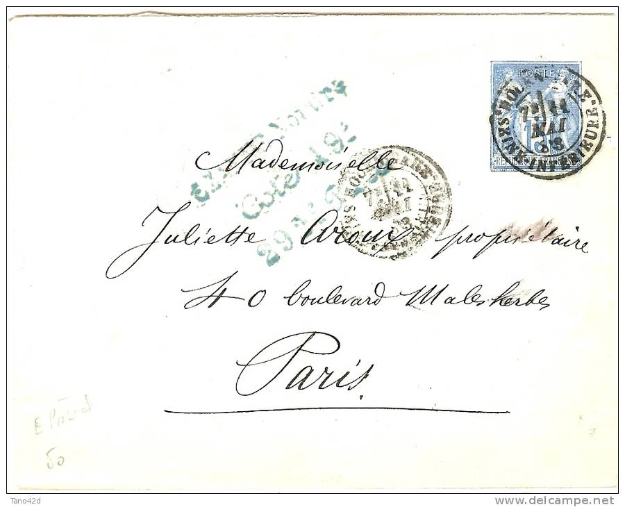 REF LBR 31 - E P ENV. SAGE 15c PAPIER VERT BLEU 123x96 Mm ROUEN GARE / PARIS 11/5/1883 - Enveloppes Types Et TSC (avant 1995)