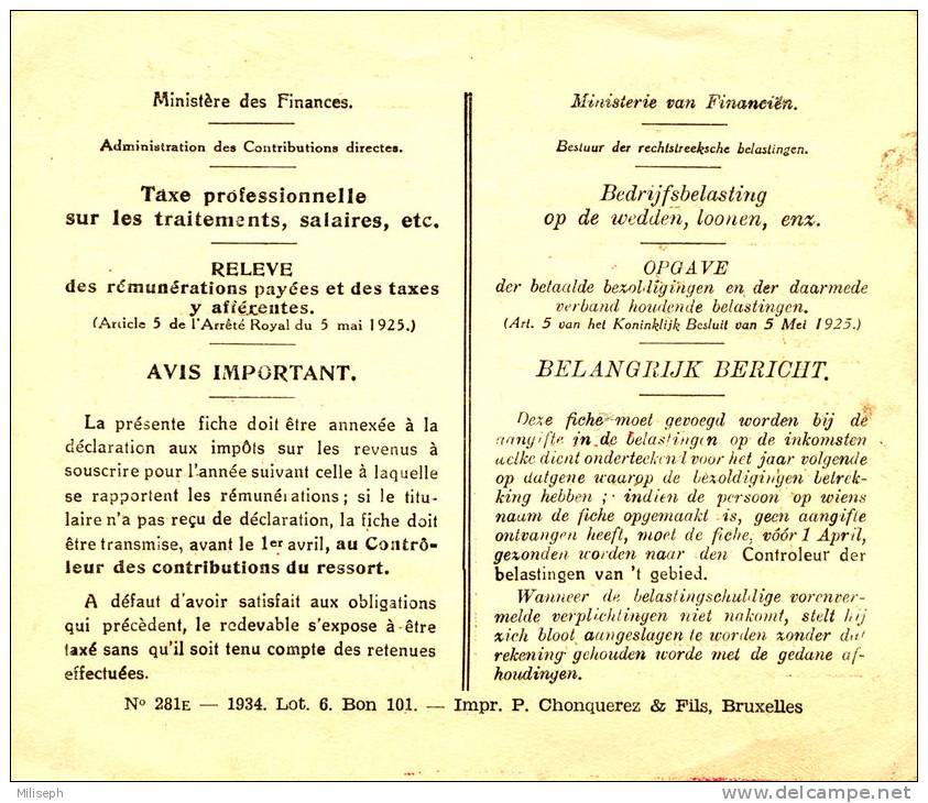 Ateliers De Constructions Electriques De Charleroi - A. C. E. C. - Relevé Récapitulatif Des Rémunérations, Année 1936 - - Algemene Zegels