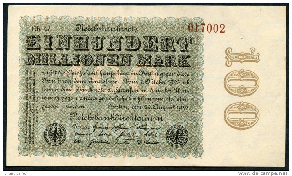 Pick 107d - Ro 106l - 100 Million Mark 1923 UNC N° 017002 - 100 Millionen Mark