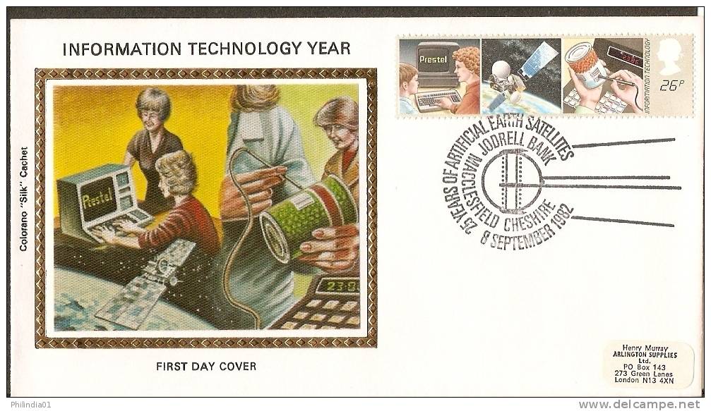 Great Britain 1982 Information Technology Year Satellite Laser Pen Computer Libary Sc 1001 Colorano Silk Cover # 12907 - Computers