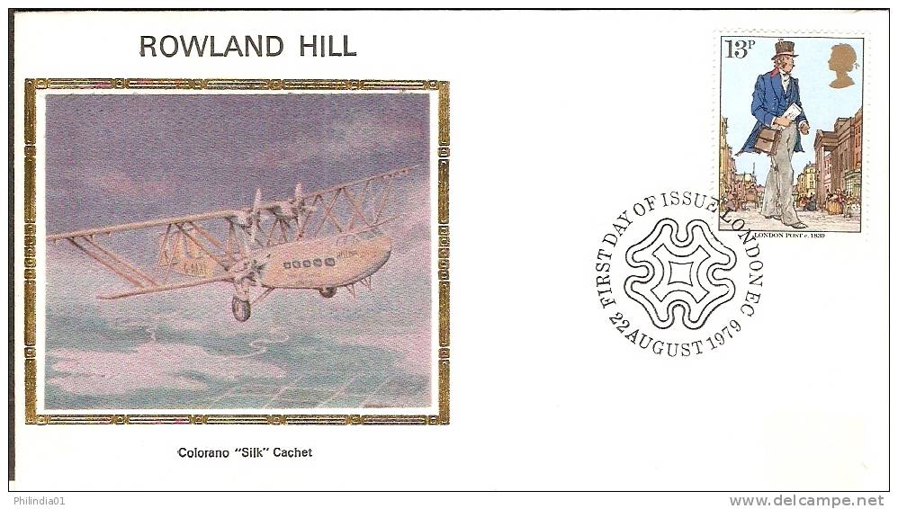 Great Britain 1979 Sir Rowland Hill London Post Office Aeroplane Postman Painting Sc 873 Colorano Silk Cover # 5043 - Rowland Hill