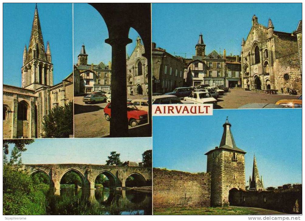 Airvault Clocher D´église St-Pierre Place Façade Pont Romain De Vernay Donjon Du Vieux Château Très Belle Carte - Airvault