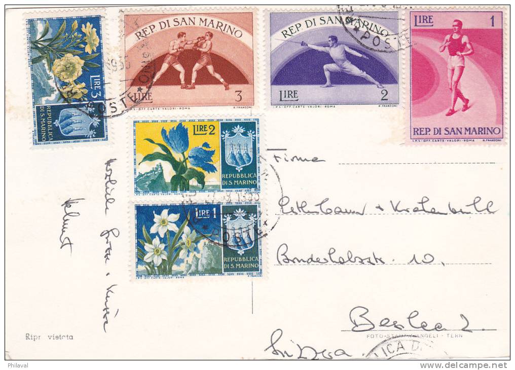 ST.MARIN : Affranchissement Sur Carte Postale Oblitérée Le 27.8.1955 - Covers & Documents