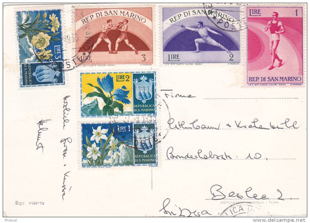 ST.MARIN : Affranchissement Sur Carte Postale Oblitérée Le 27.8.1955 - Lettres & Documents