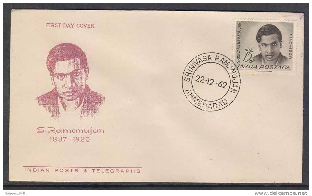 India 1962 S. Ramanujan Nobel Prize Nominee Physics Mathemetics Scientist   AHMEDABAD  FDC #23641 - Physics