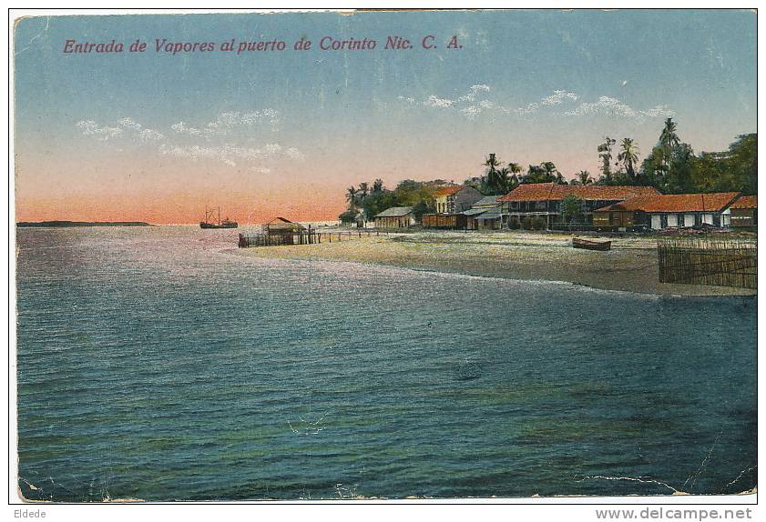 Corinto  Entrada De Vapores Al Puerto Cisneros Foto Leon Circulada 1922 3 Stamps Sweden - Nicaragua
