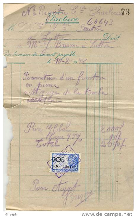 Facture J. BRISME, Luttre - Tailleur De Pierre - Timbre Fiscal De 90 Francs - Annulé Par Cachet Brismé             (646) - Stamps