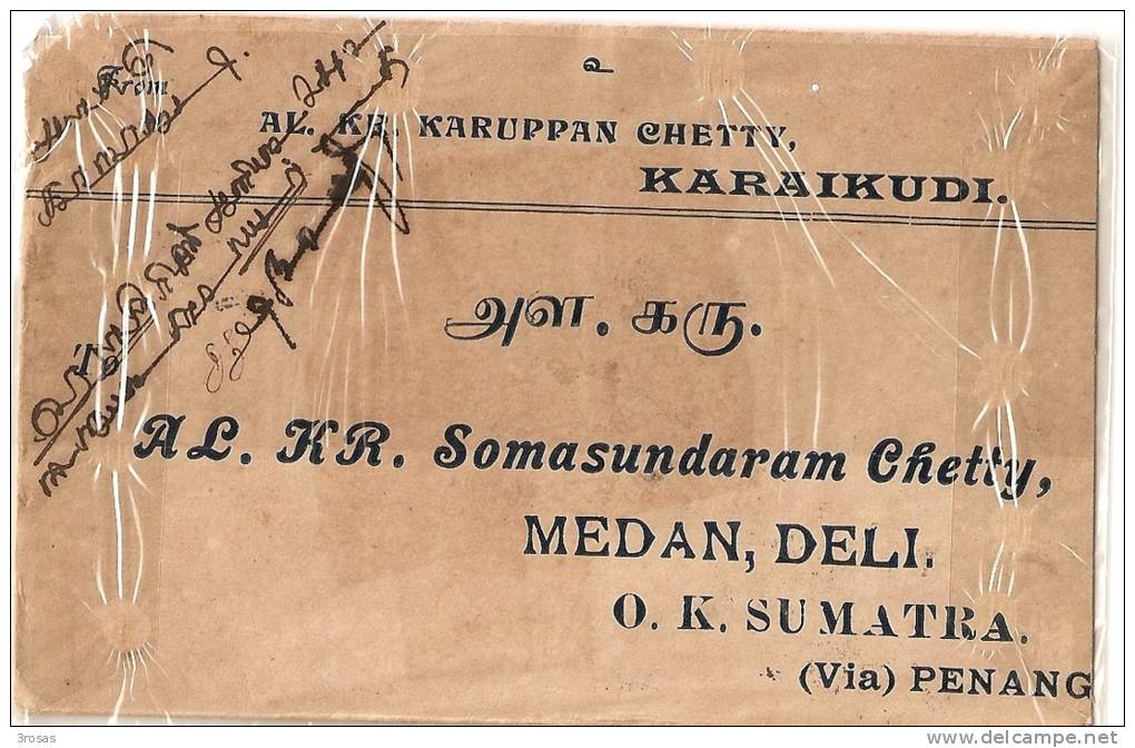 Malaisie Malaysia 1920 N.I. Postagent Penang Enveloppe From India To Medan (with Drawing Of Cancel) - Penang