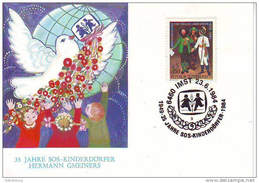253af: Friedenstaube 35 Jahre Hermann Gmeiners Kinderdörfer, Österreichischer SOS- Kinderdorfbeleg - Palomas, Tórtolas