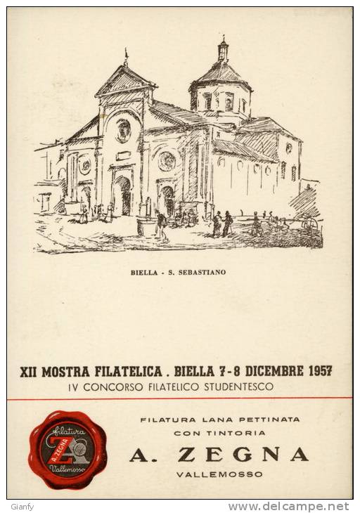 BIELLA XII MOSTRA FILATELICA 1957 PUBBLICITA LANA ZEGNA - Bourses & Salons De Collections