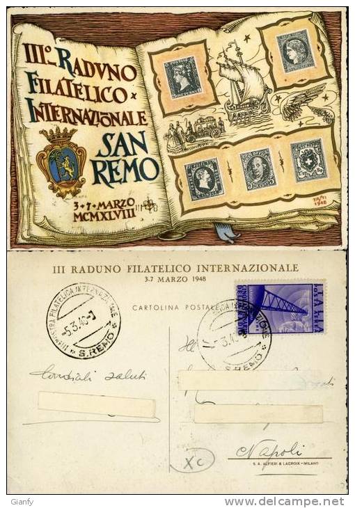 SAN REMO MOSTRA FILATELIA 1948 ILL FASTI RARA AFFR BIS - Borse E Saloni Del Collezionismo