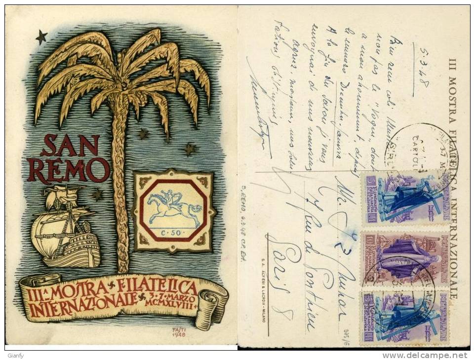 SAN REMO MOSTRA FILATELIA 1948 ILL FASTI RARA AFFRANC - Bourses & Salons De Collections