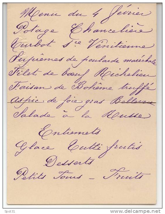 Menu Du 4 Février Début 1900 Décors Bal Danse Réception Menu Humoristique écriture En Relief Dorure (scan Recto/verso) - Menu