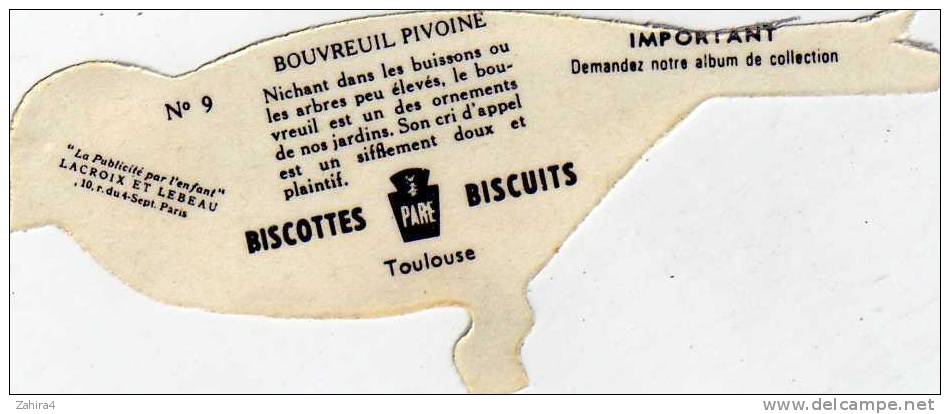 N° 9 - Biscottes  PARE  - Toulouse -  Oiseaux  -  Bouvreuil-Pivoine - Publicité Par L'enfant - Lacroix Et Lebeau - Animaux