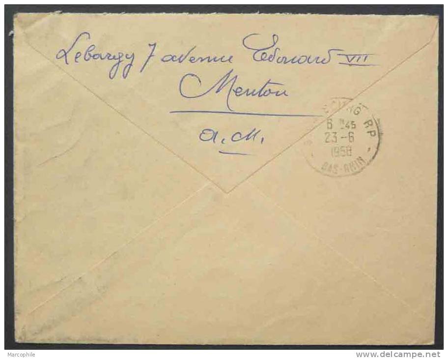 MENTON - ALPES MARITIMES / 1958 # 1131 SEUL SUR LETTRE RECOMMANDEE  (ref 1784) - Storia Postale