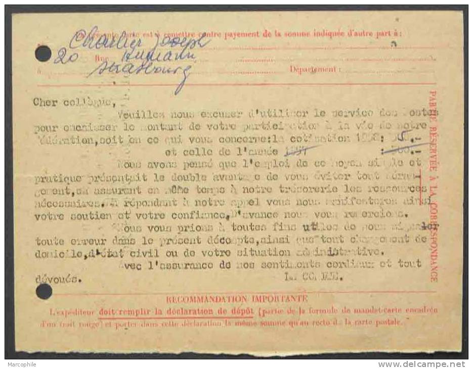 STRASBOURG - BAS RHIN / 1958 # 1131 SEUL SUR  CARTE CONTRE REMBOURSEMENT  (ref 1783) - Lettres & Documents