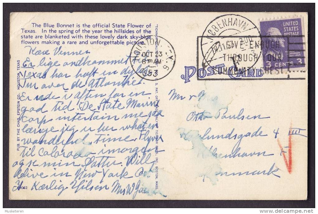 United States PPC TX - Blue Bonnets The State Flower Of Texas HOUSTON 1953 To KØBENHAVN (2 Scans) - Otros & Sin Clasificación