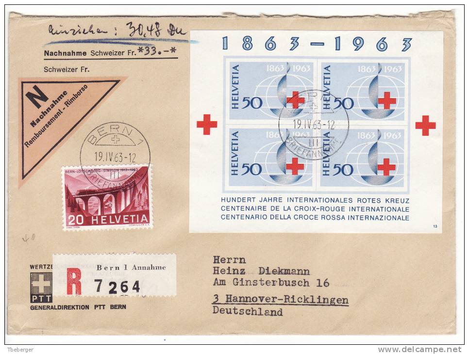 1963 Block 100 Jahre Rotes Kreuz Auf Nachnahme R-Brief Bern Nach Hannover Deutschland (f45) - Blocchi & Foglietti
