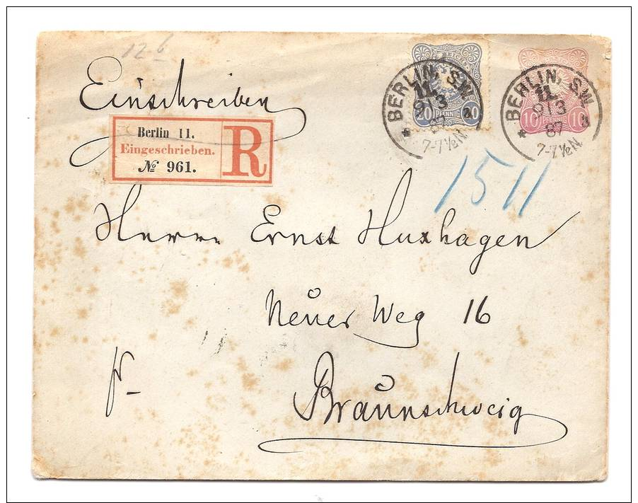 1887 Germany Registered 10pf Postel Envelope Uprated With A 10pf Stamp Berlin To Braunschweig - Covers & Documents