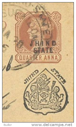 EAST INDIA/JHIND STATE :1896: Travelled Post. Stat. With Overprint And Additional Print : HERALDRY,HERALDIQUE, - Jhind