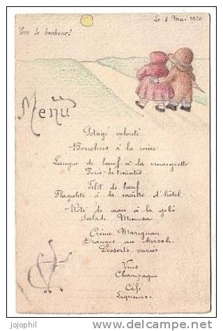 Menu Dessiné Et écrit à La Main Sur Support Carte Postale - 1920 - Mariage? "Vers Le Bonheur" - Menu