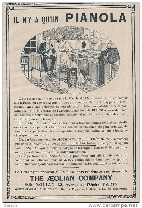 Pub De 1913 " PIANOLA De THE AEOLIAN COMPAGNY." Le Piano Mécanique. - Advertising