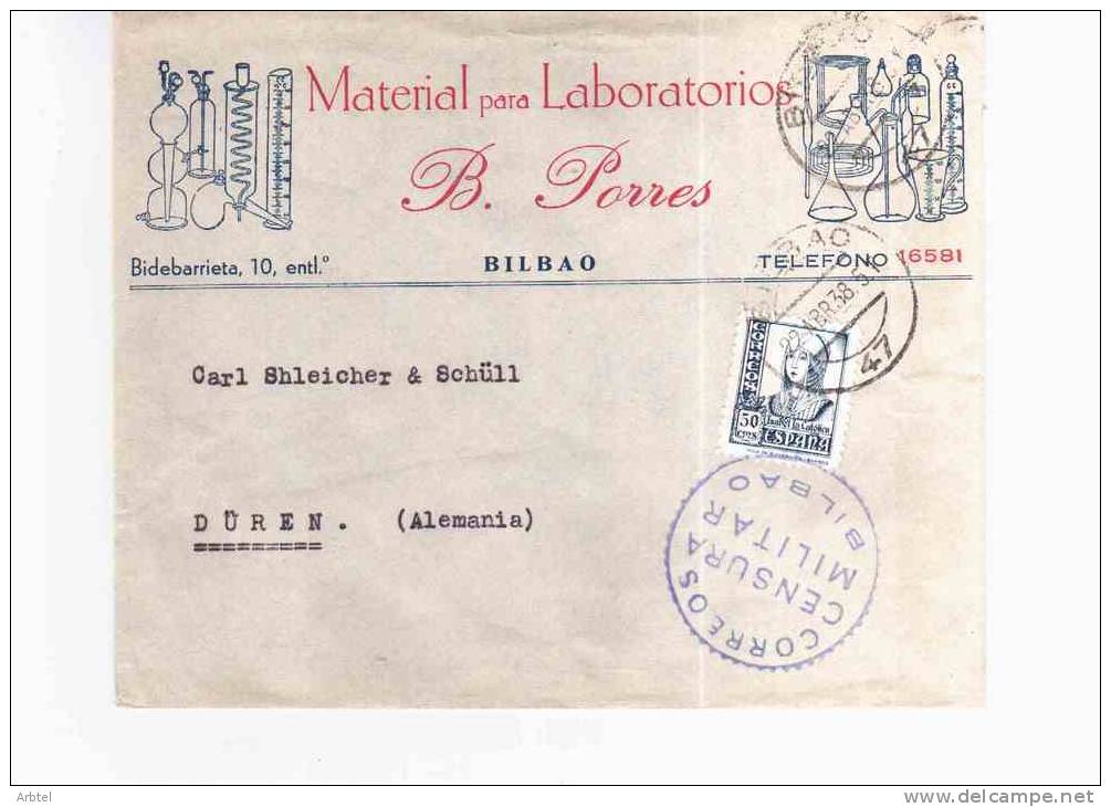 BILBAO CC ALEMANIA CON MARCA DE CENSURA DE BILBAO EN AZUL SOBRE PUBLICIDAD MATERIAL DE LABORATORIO 1938 - Pharmacy