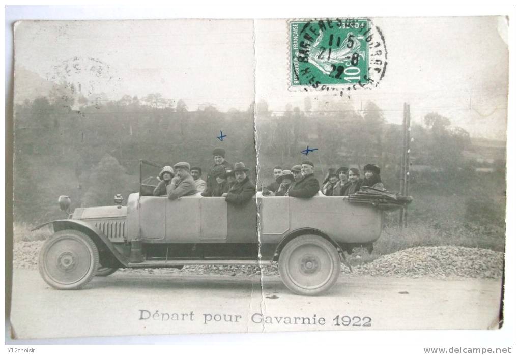 CPA DEPART POUR GAVARNIE 1922 BUS AUTOCAR AUTOMOBILE TAXI CITROEN BAGNERES DE BIGORRE HAUTES PYRENEES VOITURE - Taxis & Huurvoertuigen