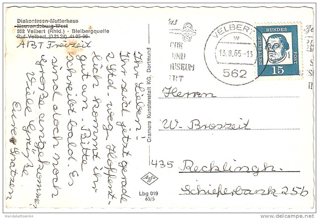 AK 019655 Bergesruh Diakonissen-Mutterhaus Neuvandsburg West 562 Velbert (Rhld.) Bleibergquelle Ruf Velbert (02124) 4105 - Velbert