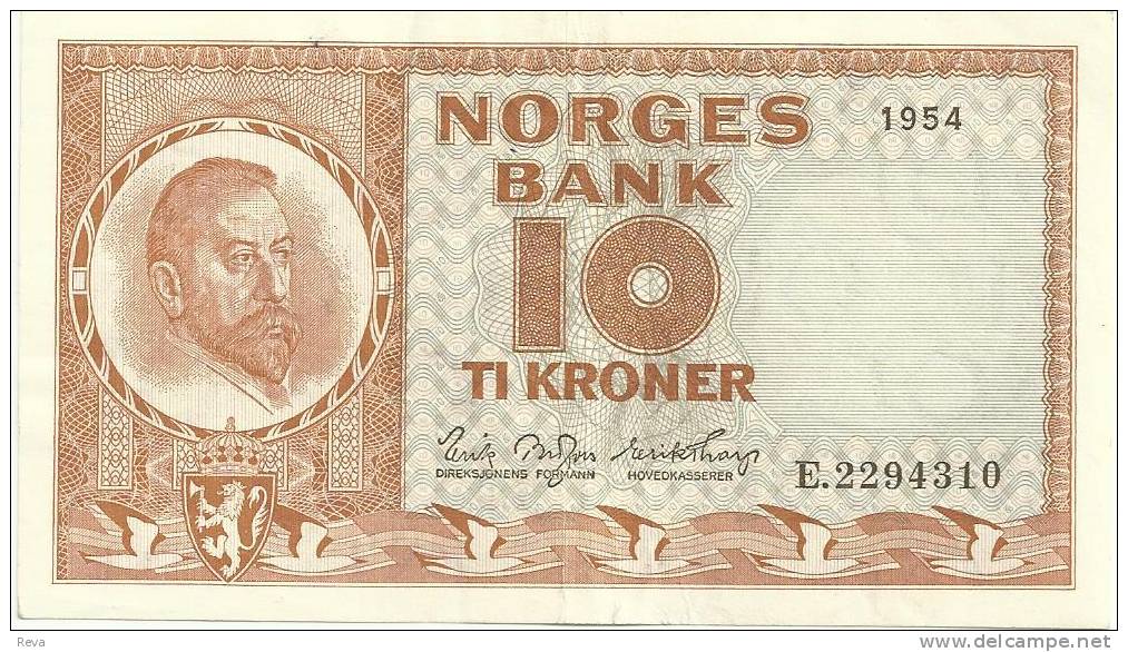 NORWAY 10 KRONER ORANGE MAN FRONT SHIP BACK DATED 1954 P31b VF+ SIG. BROFOSS-THORP READ DESCRIPTION !! - Norway