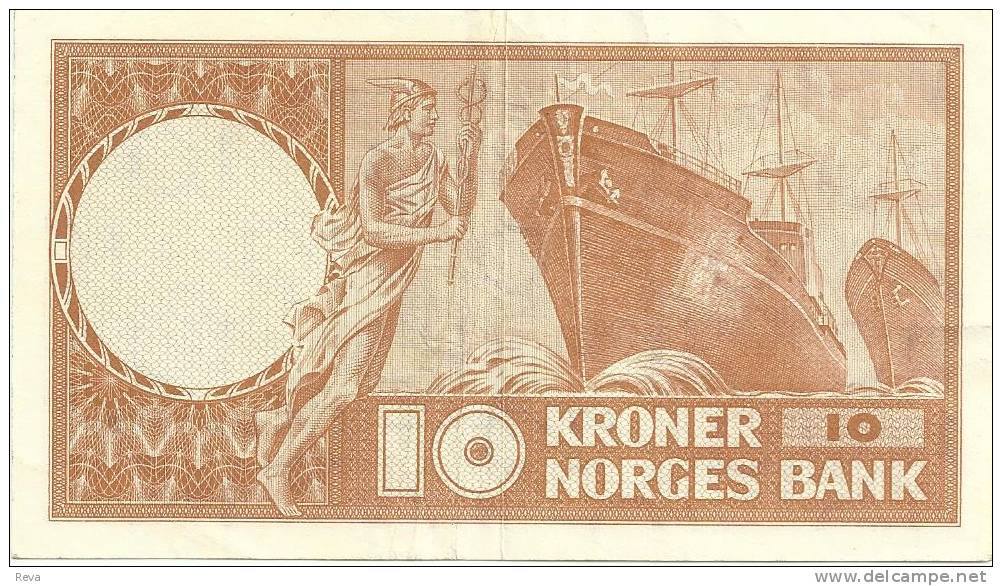 NORWAY 10 KRONER ORANGE MAN FRONT SHIP BACK DATED 1954 P31b VF+ SIG. BROFOSS-THORP READ DESCRIPTION !! - Norway