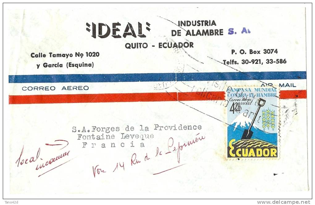 REF LBR31 / D - EQUATEUR LETTRE AVION QUITO / PARIS - Equateur