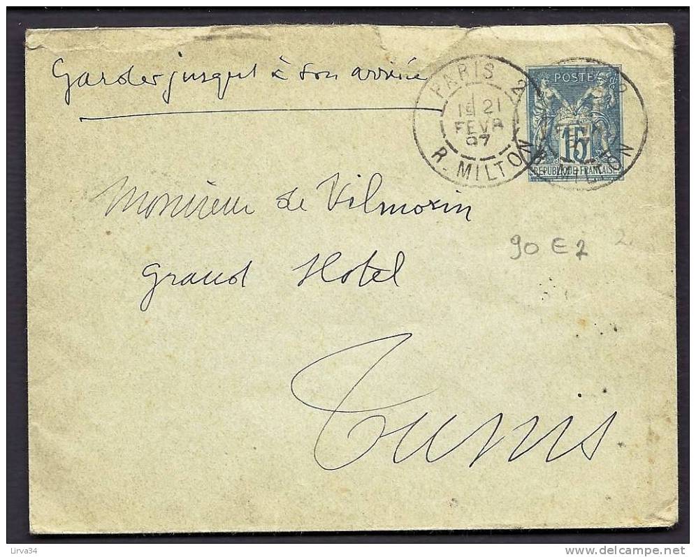 LETTRE ENTIER POSTAL ANCIENNE- FRANCE POUR TUNIS-  TIMBRE N° 90 E7- CAD PARIS 1897 - Enveloppes Types Et TSC (avant 1995)