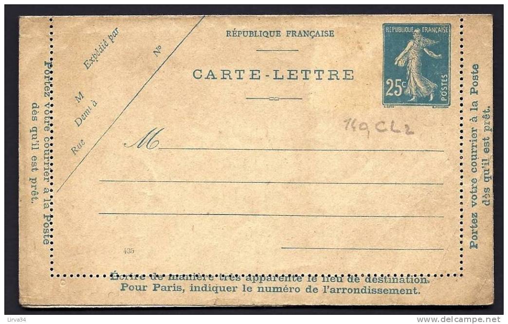 CARTE LETTRE ENTIER POSTAL ANCIENNE- FRANCE-  CARTE NEUVE- TIMBRE N° 140 CL2- - Kaartbrieven