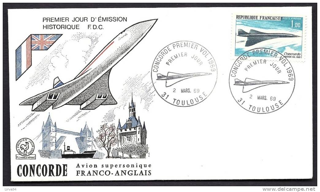 FDC HISTORIQUE LUXE - FRANCE-  PREMIER VOL CONCORDE SUPERSONIQUE FRANCO ANGLAIS- CAD TOULOUSE 1969- - 1921-1960: Période Moderne