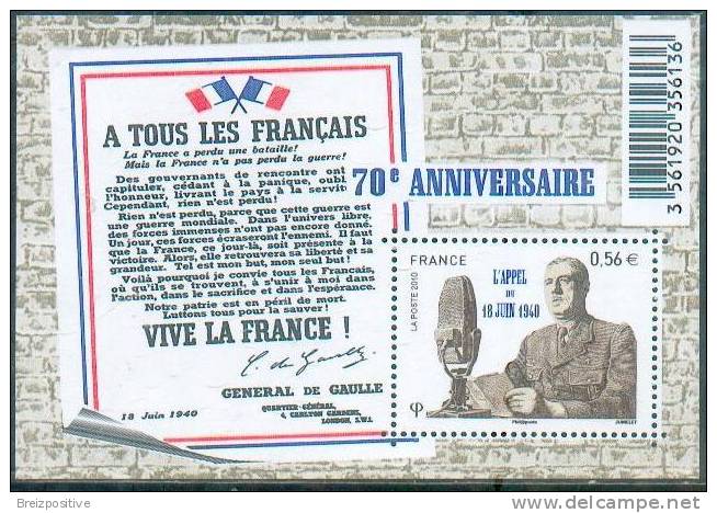 France 2010 - De Gaulle, Appel Du 18 Juin 1940 / De Gaulle´s Appeal To Resistance, London 18 June 1940 - MNH - WW2