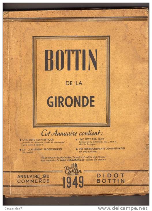 Bottin De La Gironde - Annuaire Du Commerce  -  1949  - Didot  Bottin  -  Pub  Dalloz - Annuaires Téléphoniques