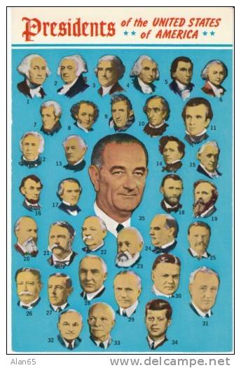 Lyndon Johnson &amp; All US Presidents' Portraits, 1960s Vintage Postcard - Présidents