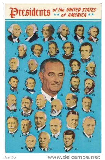 Lyndon Johnson &amp; All US Presidents' Portraits, 1960s Vintage Postcard - Presidentes