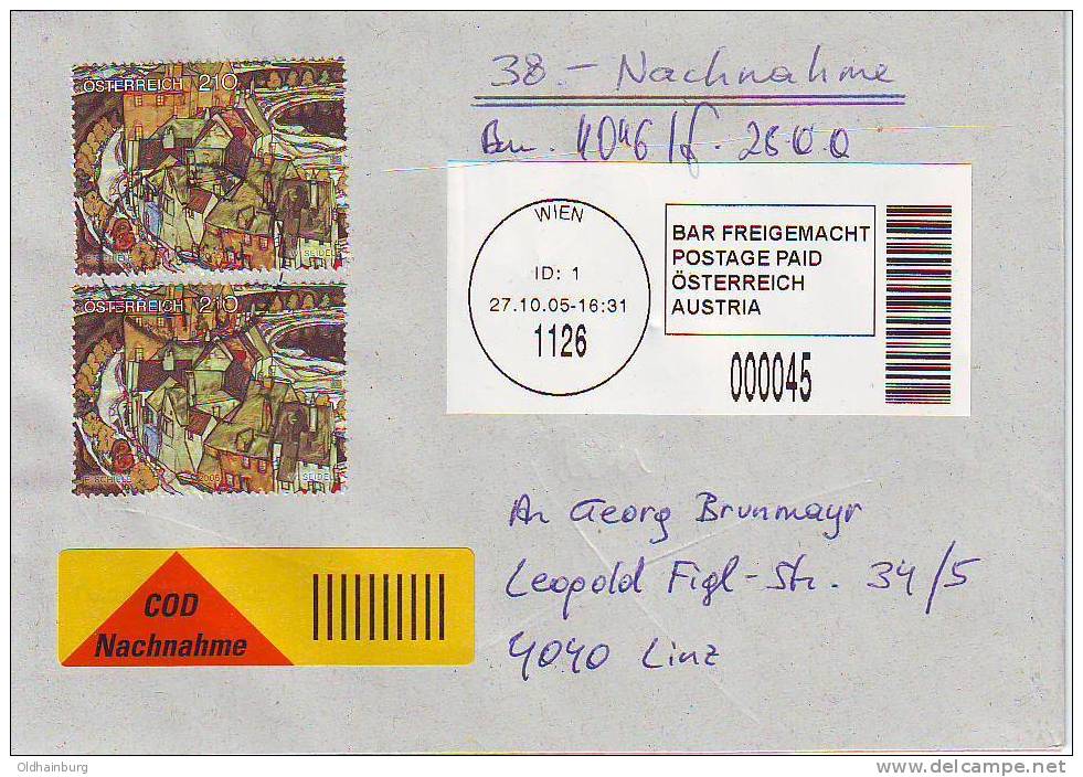210p: Österreichs Nachnahmebrief Portogerecht: Egon Schiele- Häusebogen - Impresionismo