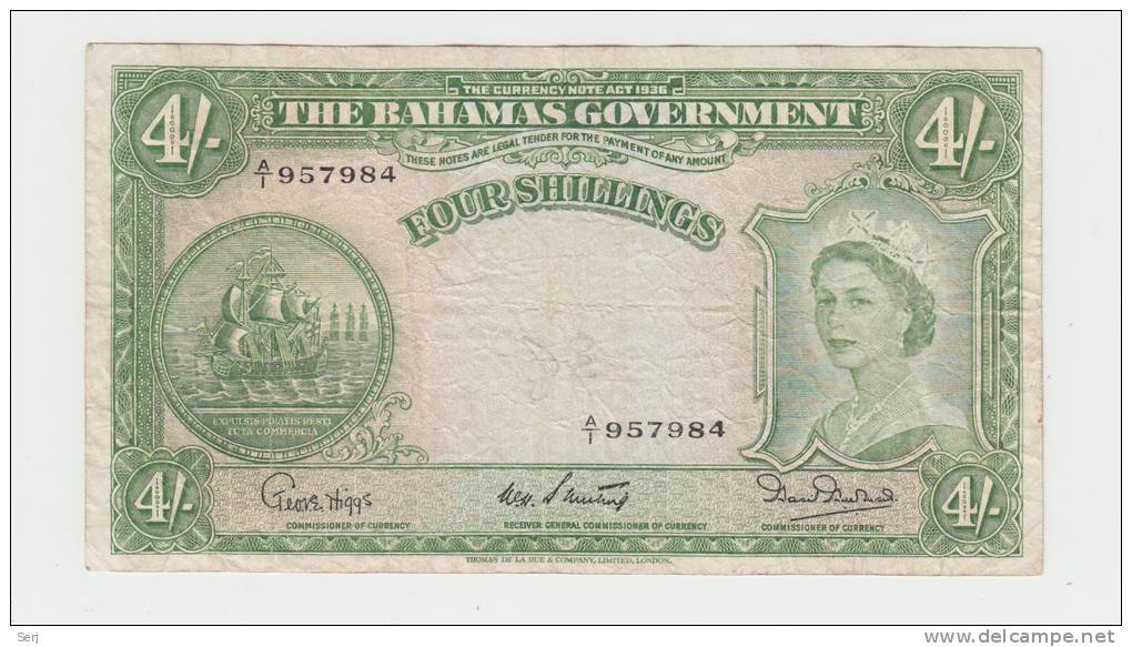 Bahamas 4 Shillings 1953 VF Crisp RARE Banknote P 13b 13 B - Bahamas
