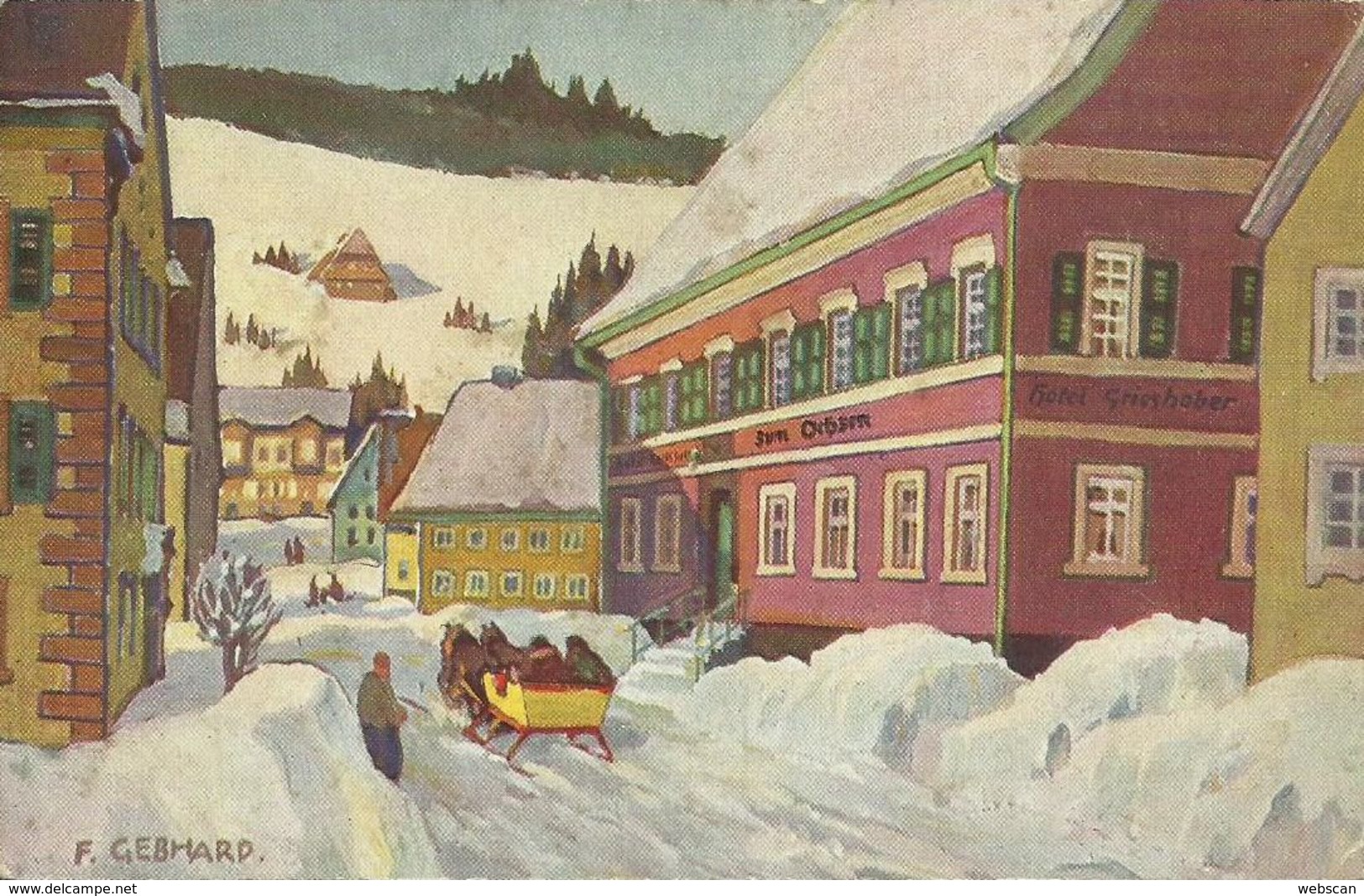 AK Furtwangen Hotel Grieshaber Zum Ochsen Sign. Gebhard Color ~1910 #02 - Furtwangen