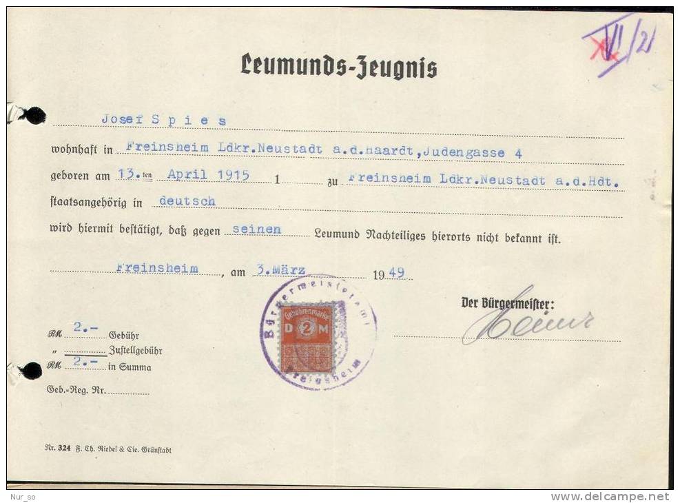 Germany Certificate Revenue Freinsheim 1949 Gebührenmarke Stempelmarke Timbre Fiscal - Storia Postale