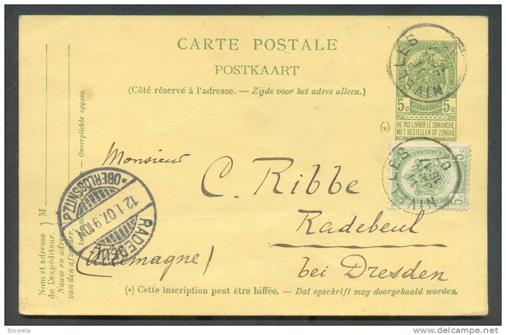 N°56 En Compl. S/E.P. Carte 5 Cent. Obl. Sc NIVELLES 11 Janvier 1907 Vers Radebeul (Dresden) - 7015 - Postcards 1871-1909