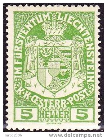 Liechtenstein 1917 Wappen 5 H. Hellgrün Mit Falz  Mi 5 - Ongebruikt