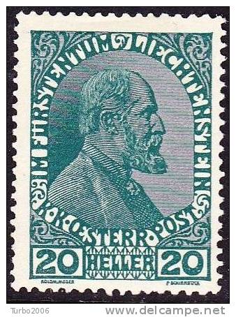 Liechtenstein 1917 Fürst Johann II 20 H. Blaulichgrün Mit Falz  Mi 8 - Unused Stamps