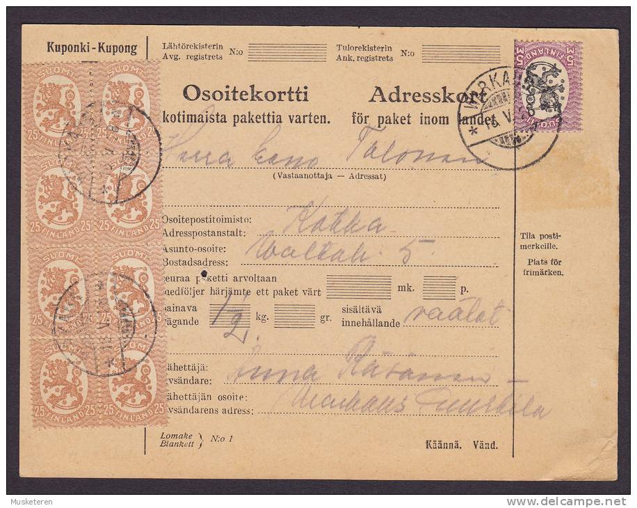 Finland Adresskort Packet Freight Bill Card VIRKAUS 1928 8-Block To KOTKA (2 Scans) - Covers & Documents