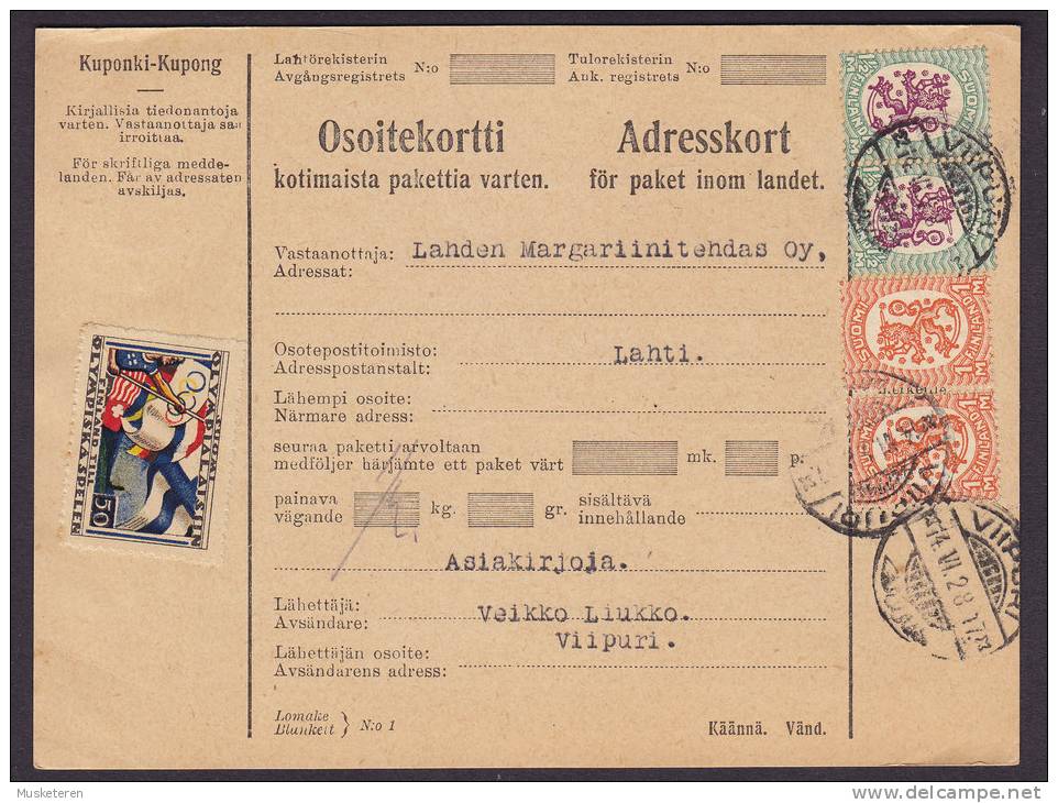 Finland Adresskort Packet Freight Bill Card VIIPURI 1928  To LATHI Olympic Games Vignet Label (2 Scans) - Storia Postale
